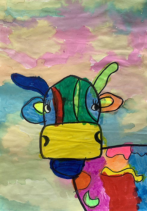 Josie R., "Miss Moo," paint sticks and watercolor, 17 x 12 in., Immaculate Conception School, Art Educator: Christi Calloway.