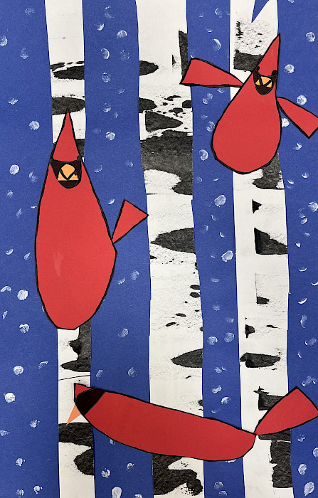 Best in Class: Ike J., "Snowy Birds," mixed media, 18 x 12 in., Julia Lee Moore Elementary, Art Educator: Austin Polk.