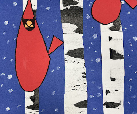 Best in Class: Ike J., "Snowy Birds," mixed media, 18 x 12 in., Julia Lee Moore Elementary, Art Educator: Austin Polk.
