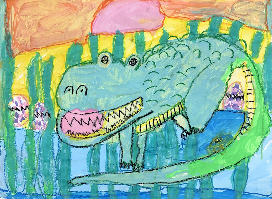 Persephone S., "Crocodile Who Had Her Babies," mixed media, 18 x 24 in., Landmark Elementary, Art Educator: Kathyrn Emerson.