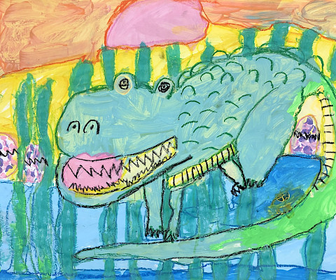 Persephone S., "Crocodile Who Had Her Babies," mixed media, 18 x 24 in., Landmark Elementary, Art Educator: Kathyrn Emerson.
