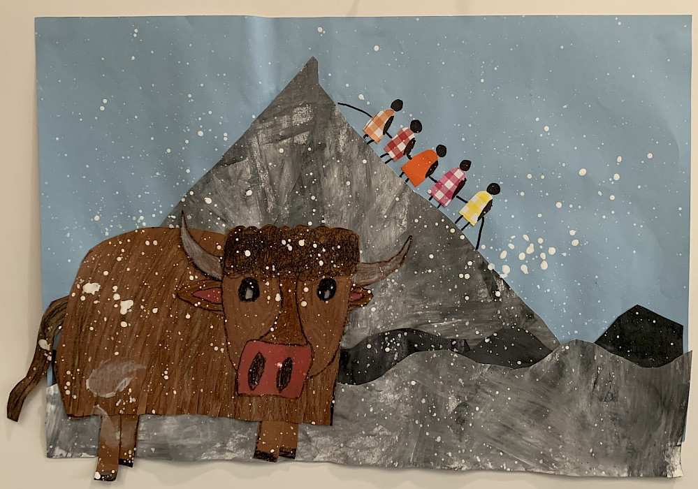 Best in Class: Meredith M., "One Cold Day," tempera, painted paper, Sharpie© marker, and crayon, 12 x 18 in., Valley Springs Elementary, Art Educator: Deloris Smith.