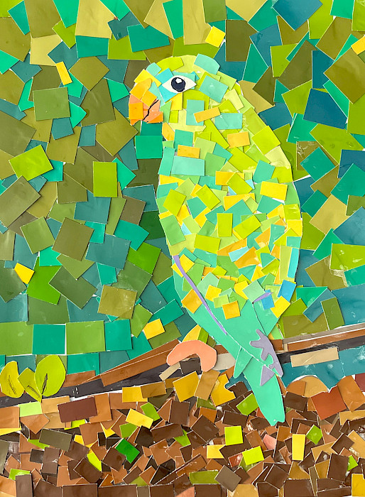 Avery Q., "Yellow Naped Amazon Parrot Perched On A Mossy Branch," cut paper, 12 x 9 in., C D Creative Studio, Art Educator: Cynthia Delahunt.