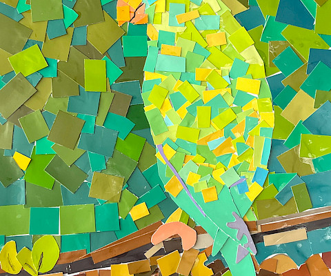 Avery Q., "Yellow Naped Amazon Parrot Perched On A Mossy Branch," cut paper, 12 x 9 in., C D Creative Studio, Art Educator: Cynthia Delahunt.