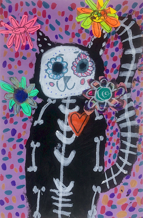 Honorable Mention: Eleanor D., "El Gato," paint sticks, Sharpie©, and construction paper, 18 x 12 in., Lakewood Elementary, Art Educator: Jamie Freyaldenhoven.