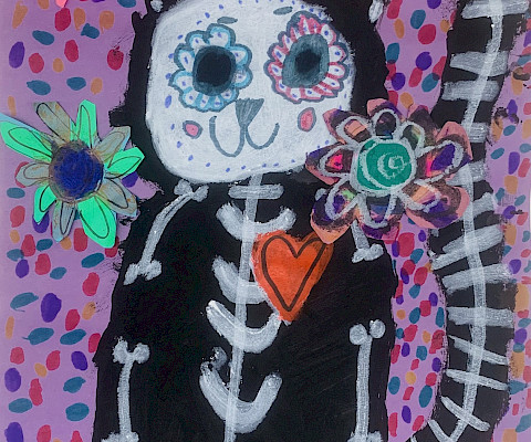 Honorable Mention: Eleanor D., "El Gato," paint sticks, Sharpie©, and construction paper, 18 x 12 in., Lakewood Elementary, Art Educator: Jamie Freyaldenhoven.