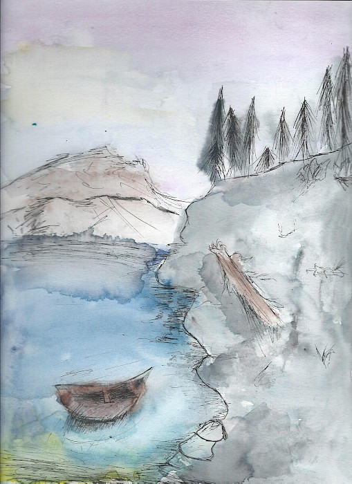 Honorable Mention: Ashlynn S., "Lake Ouachita," ink and watercolor, 10 x 8 in., Williams Traditional Magnet Elementary, Art Educator: Benita Robinson.