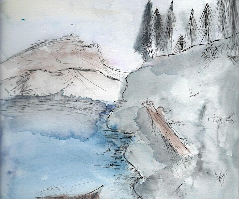 Honorable Mention: Ashlynn S., "Lake Ouachita," ink and watercolor, 10 x 8 in., Williams Traditional Magnet Elementary, Art Educator: Benita Robinson.