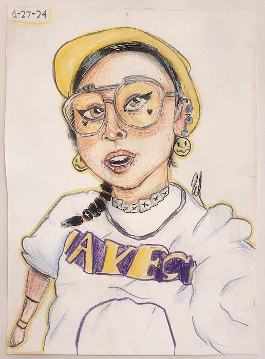 Honorable Mention: Weston L., "Yellow Vibes," colored pencil and paint pen, 11 x 8 in., Bright Field Middle School, Art Educator: Molly Renoir.