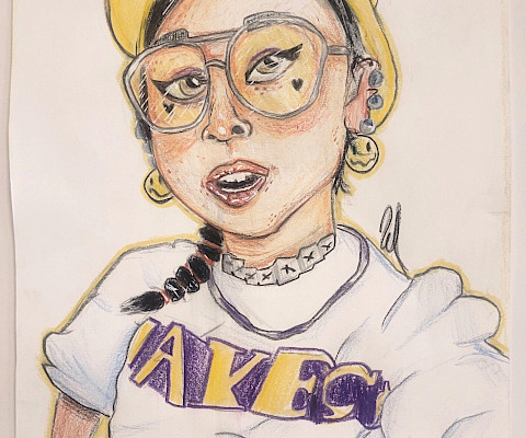 Honorable Mention: Weston L., "Yellow Vibes," colored pencil and paint pen, 11 x 8 in., Bright Field Middle School, Art Educator: Molly Renoir.