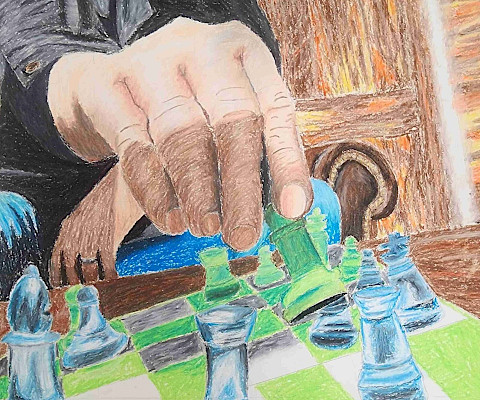 Jace R., "The Game," oil pastel, 18 x 15 in., Beebe Junior High, Art Educator: Lisa Smith.