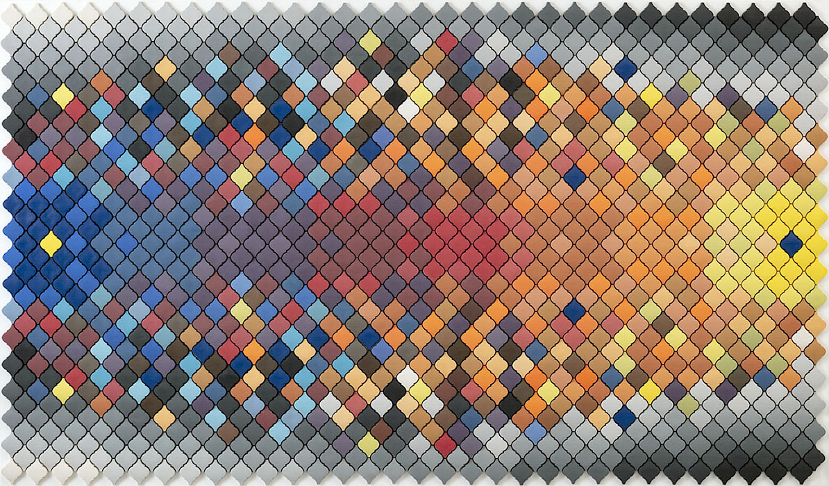 Peter Pincus (Rochester, New York, 1982 - ), "A Familiar Kind of Riddle," 2018, colored porcelain and luster mounted on wood, 52 x 89 x 5 in., Arkansas Museum of Fine Arts Foundation Collection: Purchase, Contemporaries Fund. 2021.008.001. John Polak Photography, courtesy of Ferrin Contemporary.