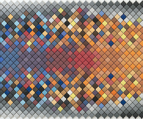 Peter Pincus (Rochester, New York, 1982 - ), "A Familiar Kind of Riddle," 2018, colored porcelain and luster mounted on wood, 52 x 89 x 5 in., Arkansas Museum of Fine Arts Foundation Collection: Purchase, Contemporaries Fund. 2021.008.001. John Polak Photography, courtesy of Ferrin Contemporary.