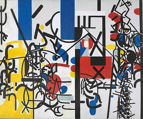 Perle Fine (Boston, Massachusetts, 1905 - 1988, East Hampton, New York), "Grand March Opening Theme," 1945, oil on canvas, 42 x 59 1/2 in., Arkansas Museum of Fine Arts Foundation Collection: Purchase.