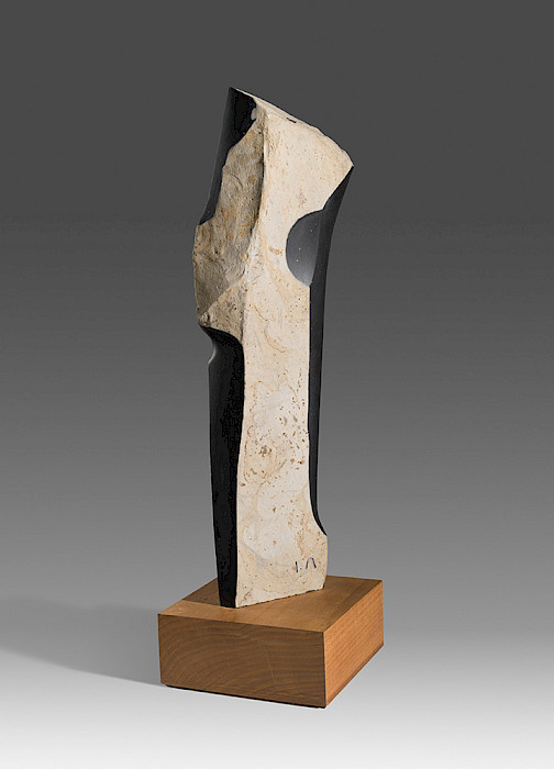Isamu Noguchi (Los Angeles, California, 1904 - 1998, New York, New York), "Untitled," 1980 - 1981, basalt on wood base, 19 3/4 x 5 3/4 x 5 in., Arkansas Museum of Fine Arts Foundation Collection: Gift of John and Robyn Horn. Photography by Edward C. Robison III.