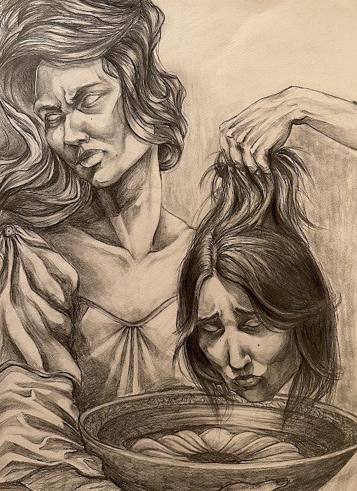 Best in Class: Elizabeth L., "Self Insecurity Presenting the Head of Itself," graphite, 24 x 18 in., Pulaski Academy, Art Educator: Lauren Kinder.