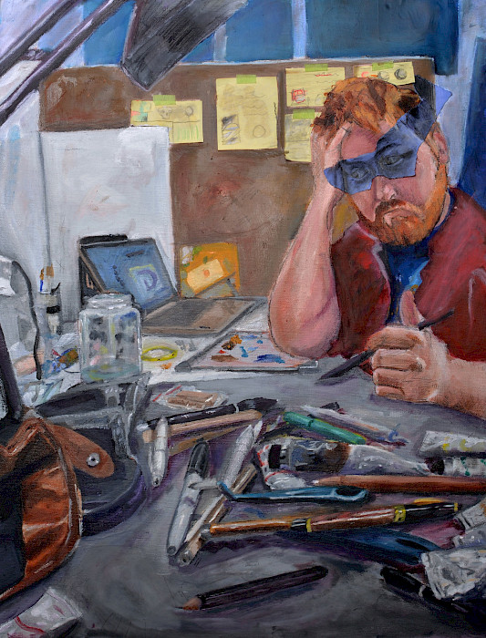 Honorable Mention: Adam D., "Beautiful Struggle," oil, collage, and graphite, 24 x 18 x 1/2 in., North Little Rock High School, Art Educator: Reagan Wentzel.