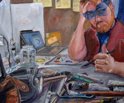 Honorable Mention: Adam D., "Beautiful Struggle," oil, collage, and graphite, 24 x 18 x 1/2 in., North Little Rock High School, Art Educator: Reagan Wentzel.