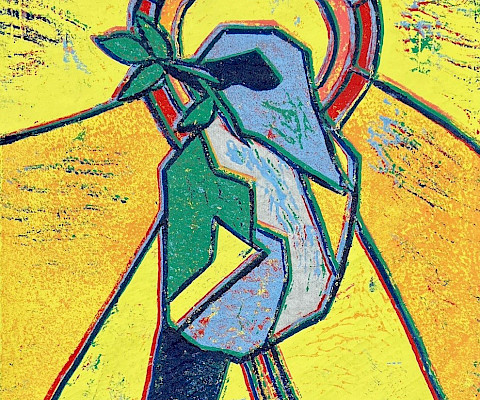 Dana M., "Bird," reduction linocut, 10 x 8 in., Parkview Arts & Science Magnet High School, Art Educator: Maribeth Anders.
