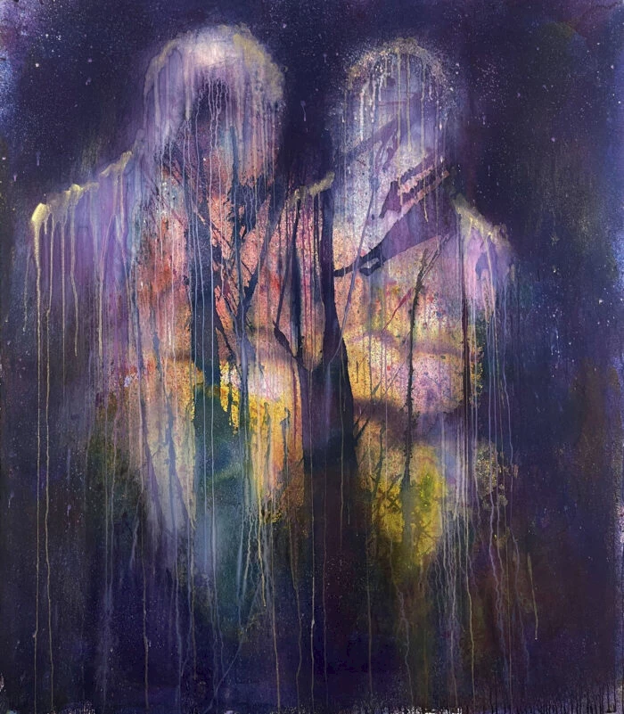 Alexis McGrigg, Tempestuous Twins 1, Procion dye & gold mica powder on paper, 2021
