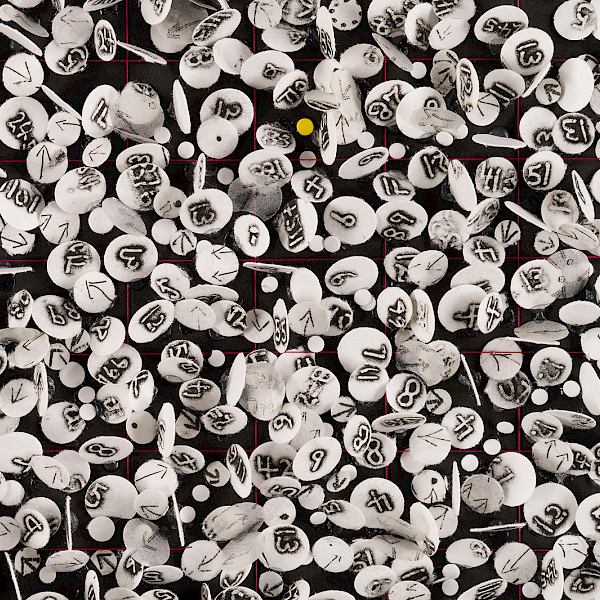 Detail photo of an abstract fiber work by Howardena Pindell.