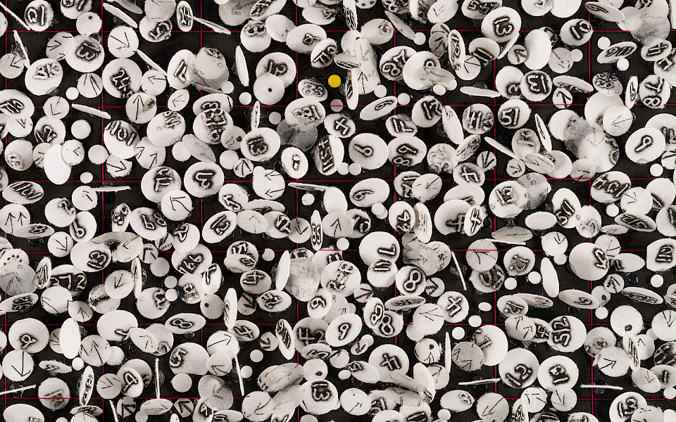 Detail photo of an abstract fiber work by Howardena Pindell.