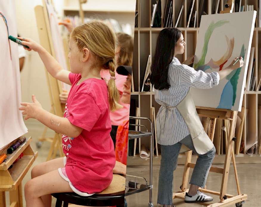 Spliced photo of a young girl drawing at an art easel on the left and a woman painting at an art easel on the right.