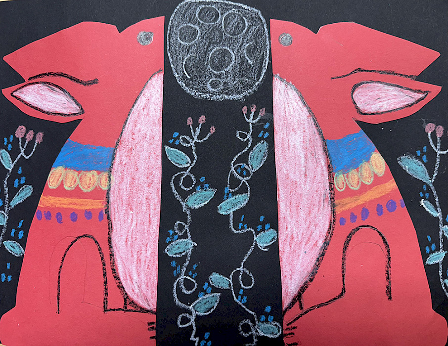 Best in Class: Clara K., "Folk Art Rabbit," construction paper and crayon, 9 x 12 in., St Vincent de Paul Catholic School, Art Educator: Heather Kordsmeier.