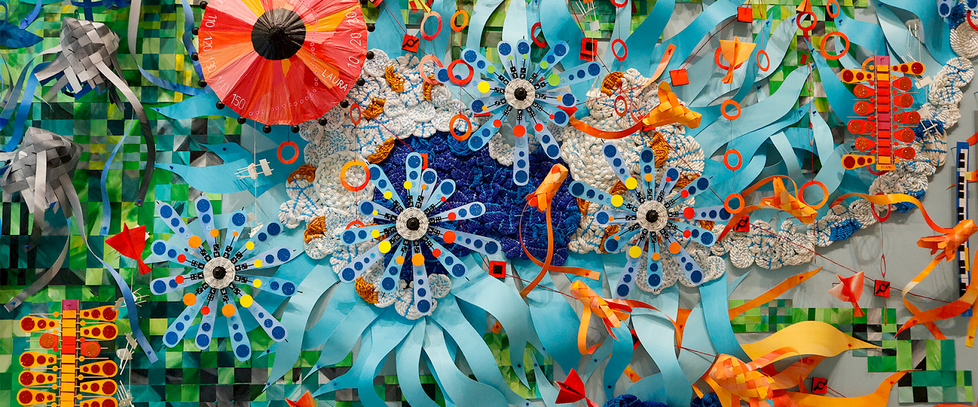 Detail photo of a mixed media art installation by Natalie Miebach.