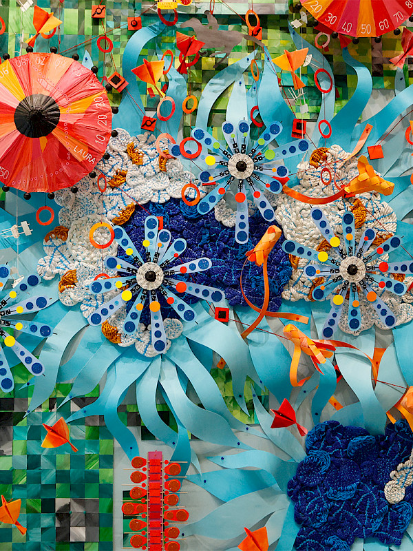 Detail photo of a mixed media art installation by Natalie Miebach.