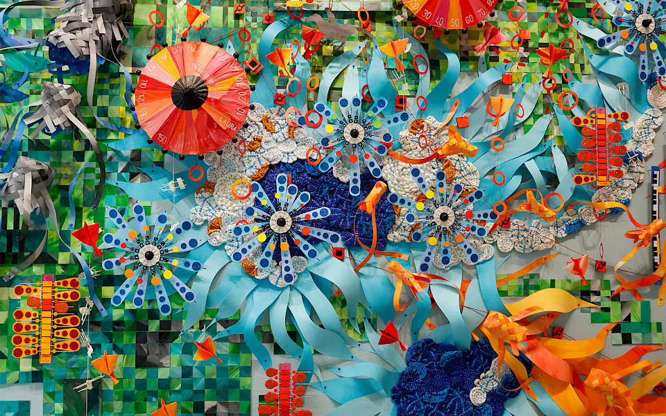 Detail photo of a mixed media art installation by Natalie Miebach.