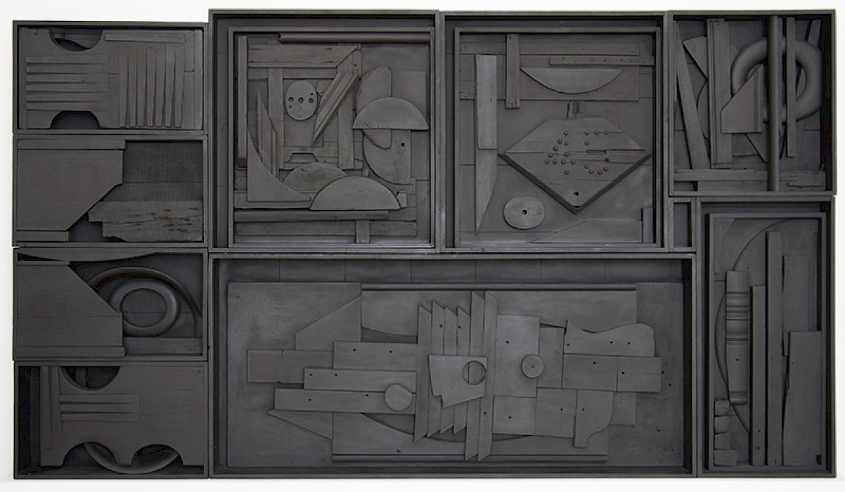 Louise Nevelson (Pereiaslav, Ukraine (formerly Russian Empire), 1899 - 1988, New York, New York), "Tide Garden IV," 1964, painted and assembled wood construction, 91 x 140 x 10 in., Arkansas Museum of Fine Arts Foundation Collection: Gift of Sidney Singer, Sr., Stephens Inc., Gerald Cramer, Martin Oppenheimer, Edward Rosenthal, and John Rosenthal. 1983.030.
