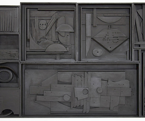 Louise Nevelson (Pereiaslav, Ukraine (formerly Russian Empire), 1899 - 1988, New York, New York), "Tide Garden IV," 1964, painted and assembled wood construction, 91 x 140 x 10 in., Arkansas Museum of Fine Arts Foundation Collection: Gift of Sidney Singer, Sr., Stephens Inc., Gerald Cramer, Martin Oppenheimer, Edward Rosenthal, and John Rosenthal. 1983.030.