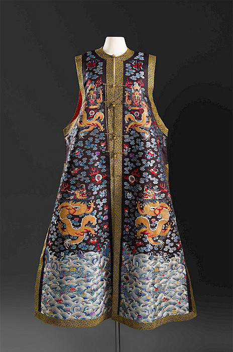 Unknown, "Chinese Embroidered Long Vest," 1644 - 1911, silk gold thread, and metal enclosures, length: 56 in. On loan from the collection of Maria Nevelson. Photography by Edward C. Robison III.