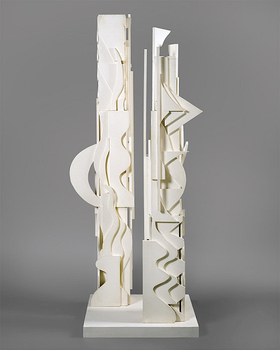 Louise Nevelson (Pereiaslav, Ukraine (formerly Russian Empire), 1899 - 1988, New York, New York), "Dawn's Presence," 1972 - 1975, painted wood, 93 x 32 x 32 in., 3 x 32 x 32 in. (base), On loan from the Chrysler Museum of Art, Norfolk, Virginia: Gift of Walter P. Chrysler, Jr. 77.1241.