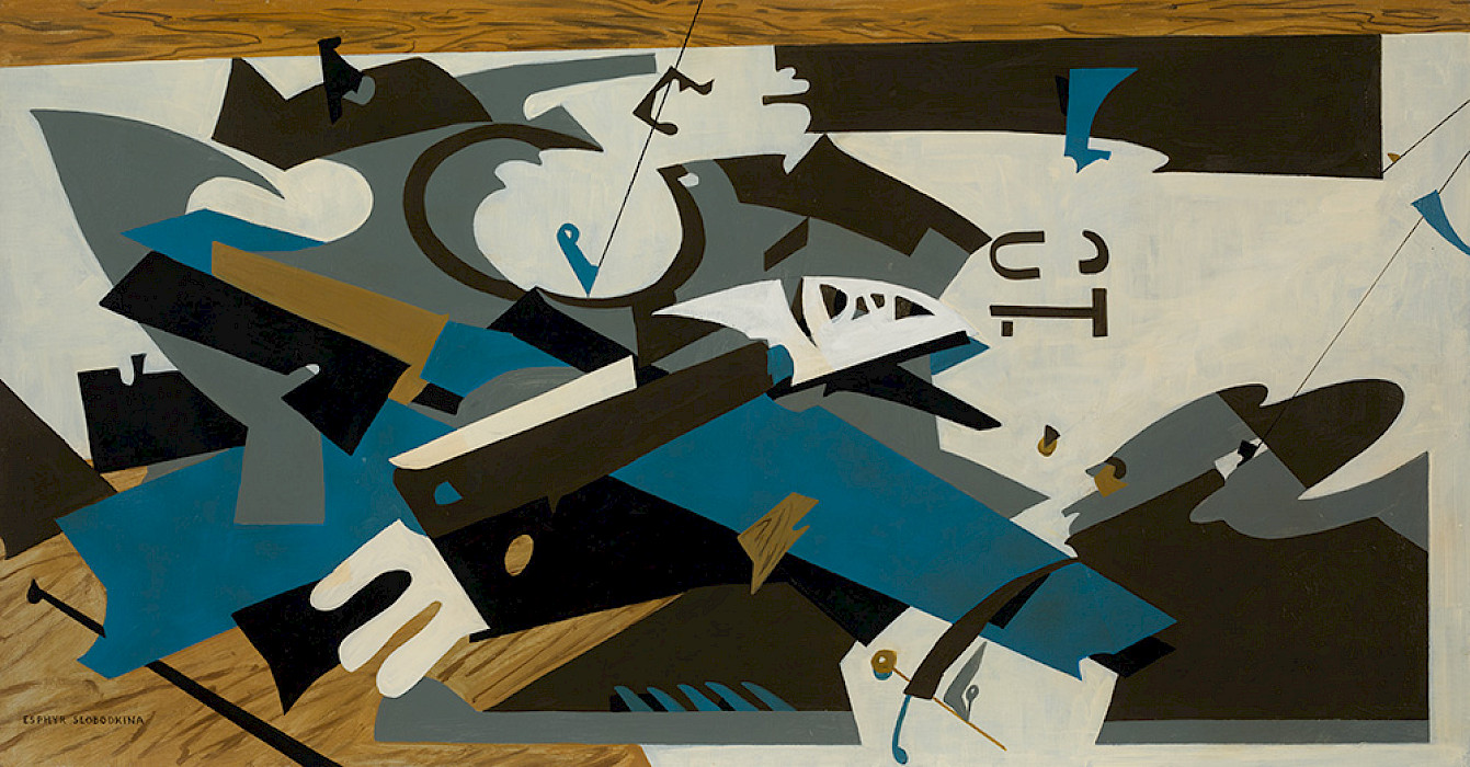 Esphyr Slobodkina (Chelyabinsk, Russia, 1908 – 2002, Glen Head, New York), "Levitator Abstraction," circa 1950, oil on Masonite, framed: 24 3/4 x 46 1/2 in., On loan from the Saint Louis Art Museum, The Linda and Harvey Saligman Endowed Acquisition Fund; Gift of J. Harold Pettus, Gift of Edward J. Costigan in memory of his wife, Sara Guth Costigan, Gift of August A. Busch Jr., Gift of the Estate of Moses Soyer, Gift of Mrs. Richard Meade in memory of her husband, Richard Worsam Meade IV, and Gift of Stuart M. Chambers, all by exchange.