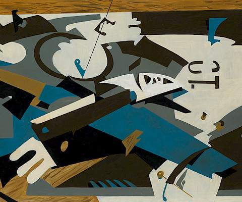 Esphyr Slobodkina (Chelyabinsk, Russia, 1908 – 2002, Glen Head, New York), "Levitator Abstraction," circa 1950, oil on Masonite, framed: 24 3/4 x 46 1/2 in., On loan from the Saint Louis Art Museum, The Linda and Harvey Saligman Endowed Acquisition Fund; Gift of J. Harold Pettus, Gift of Edward J. Costigan in memory of his wife, Sara Guth Costigan, Gift of August A. Busch Jr., Gift of the Estate of Moses Soyer, Gift of Mrs. Richard Meade in memory of her husband, Richard Worsam Meade IV, and Gift of Stuart M. Chambers, all by exchange.