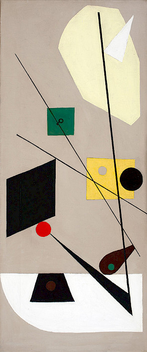 Esphyr Slobodkina (Chelyabinsk, Russia, 1908 – 2002, Glen Head, New York), "Abstraction with Red Circle," 1938, oil on canvas, 29 x 13 x 1 1/4 in., On loan from the New Britain Museum of American Art: Olga H. Knoepke Fund. 1994.02.