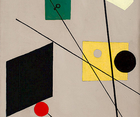 Esphyr Slobodkina (Chelyabinsk, Russia, 1908 – 2002, Glen Head, New York), "Abstraction with Red Circle," 1938, oil on canvas, 29 x 13 x 1 1/4 in., On loan from the New Britain Museum of American Art: Olga H. Knoepke Fund. 1994.02.