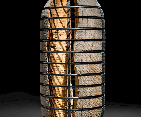 Todd Hoyer (Beaverdam, Wisconsin, 1952 - ), "Untitled (Suspended Series)," 2021, Mexican blue oak and steel, lathe-turned, weathered, carved, burned, inked, and blued steel, 20 3/4 x 9 x 9 in., Arkansas Museum of Fine Arts Foundation Collection: Purchased with a gift from John and Robyn Horn. Photography by Edward C. Robison III. 2021.004.001.